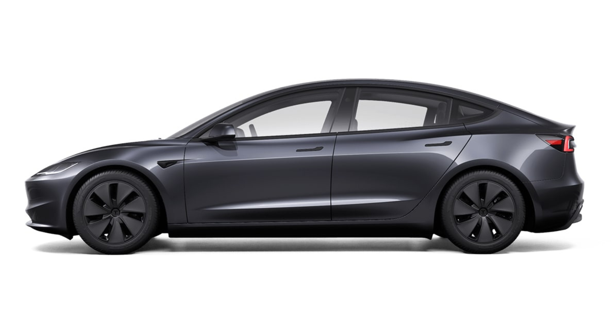 Side profile of the 2025 Tesla Model 3 Long Range RWD showing aerodynamic body, flush door handles, and 19-inch wheels.