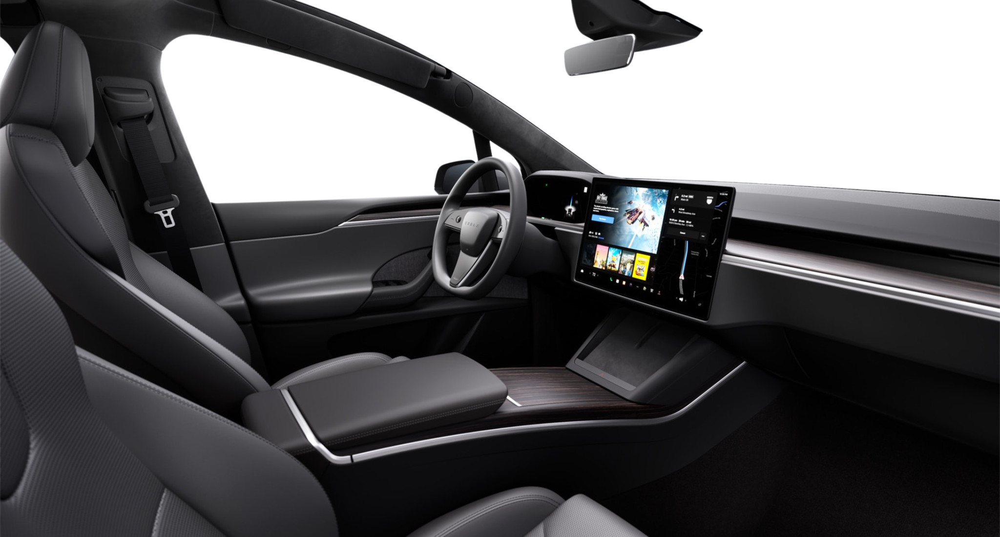 2025 Tesla Model X AWD interior dashboard view featuring yoke steering, 17-inch center screen, and minimalist design