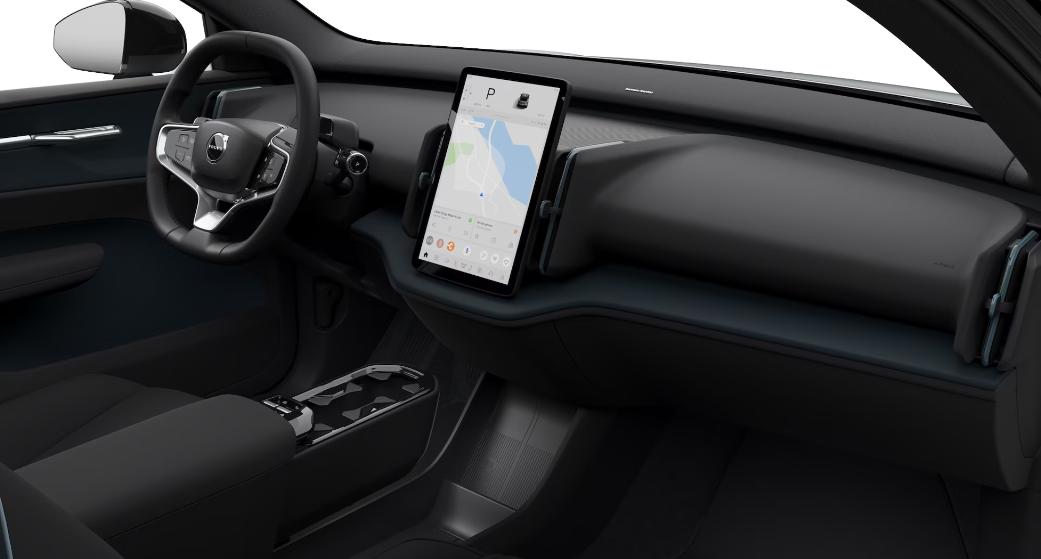 2025 Volvo EX30 AWD Plus dashboard with digital display, Google integration, minimalist design, and sustainable interior materials