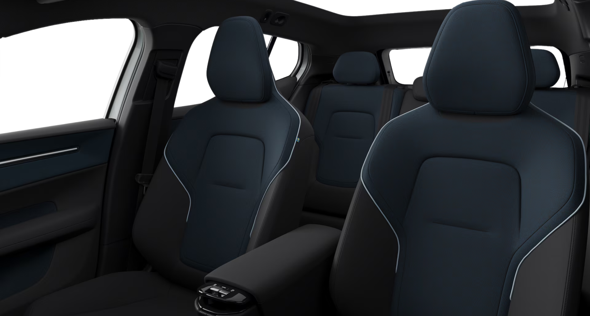 Front and rear seats of the 2025 Volvo EX30 AWD Plus featuring dark denim-textile upholstery and minimalist Scandinavian design
