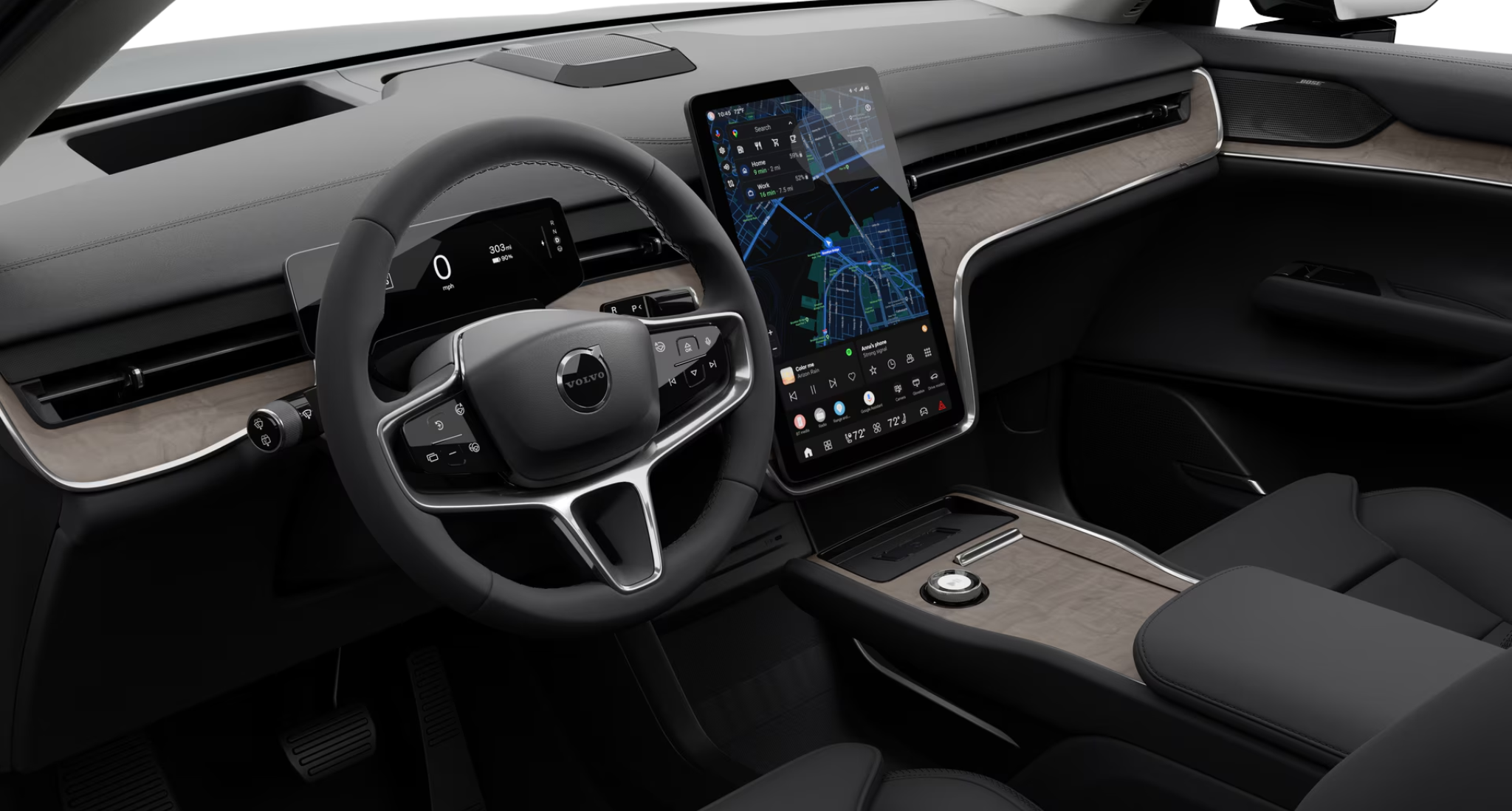 2025 Volvo EX90 Plus AWD cockpit featuring Google-integrated touchscreen, digital driver display, and luxury dashboard design