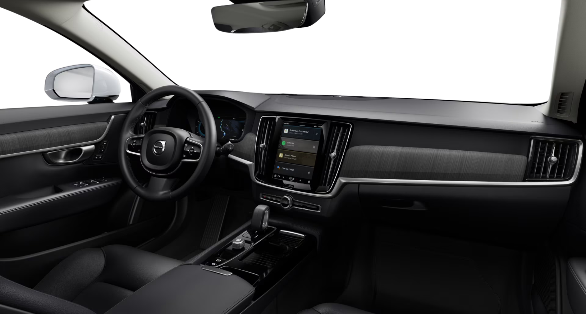 Driver-focused cockpit of the 2025 Volvo S90 PHEV Plus AWD featuring a digital instrument cluster and 11.2-inch touchscreen display.