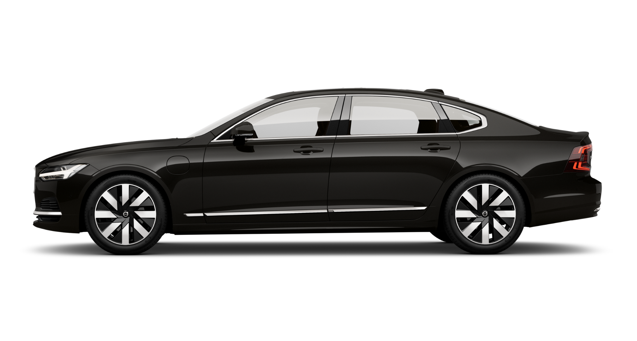 Sleek side profile of the 2025 Volvo S90 PHEV Plus AWD in Onyx Black with 19-inch diamond-cut alloy wheels and chrome accents.