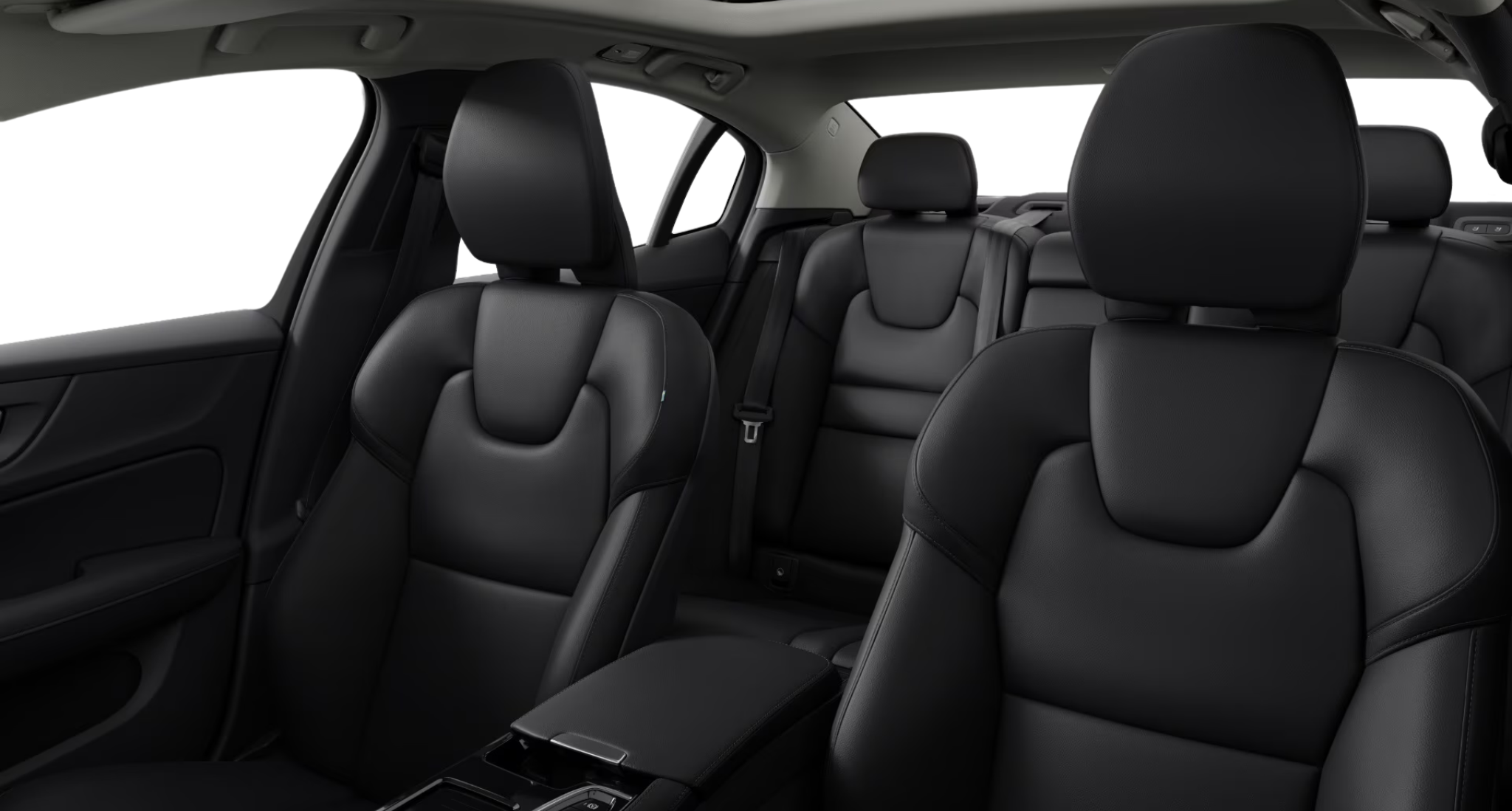 2025 Volvo S60 PHEV AWD interior view showcasing premium black leather seats and spacious rear cabin comfort