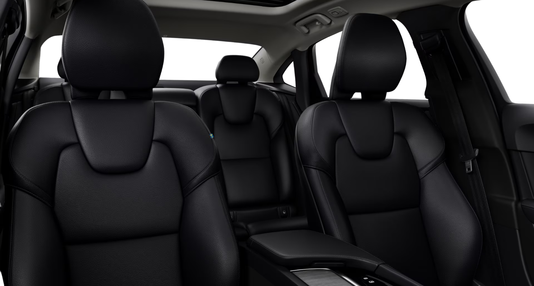 2025 Volvo S90 Plus AWD interior view showing black leather front and rear seats with panoramic sunroof