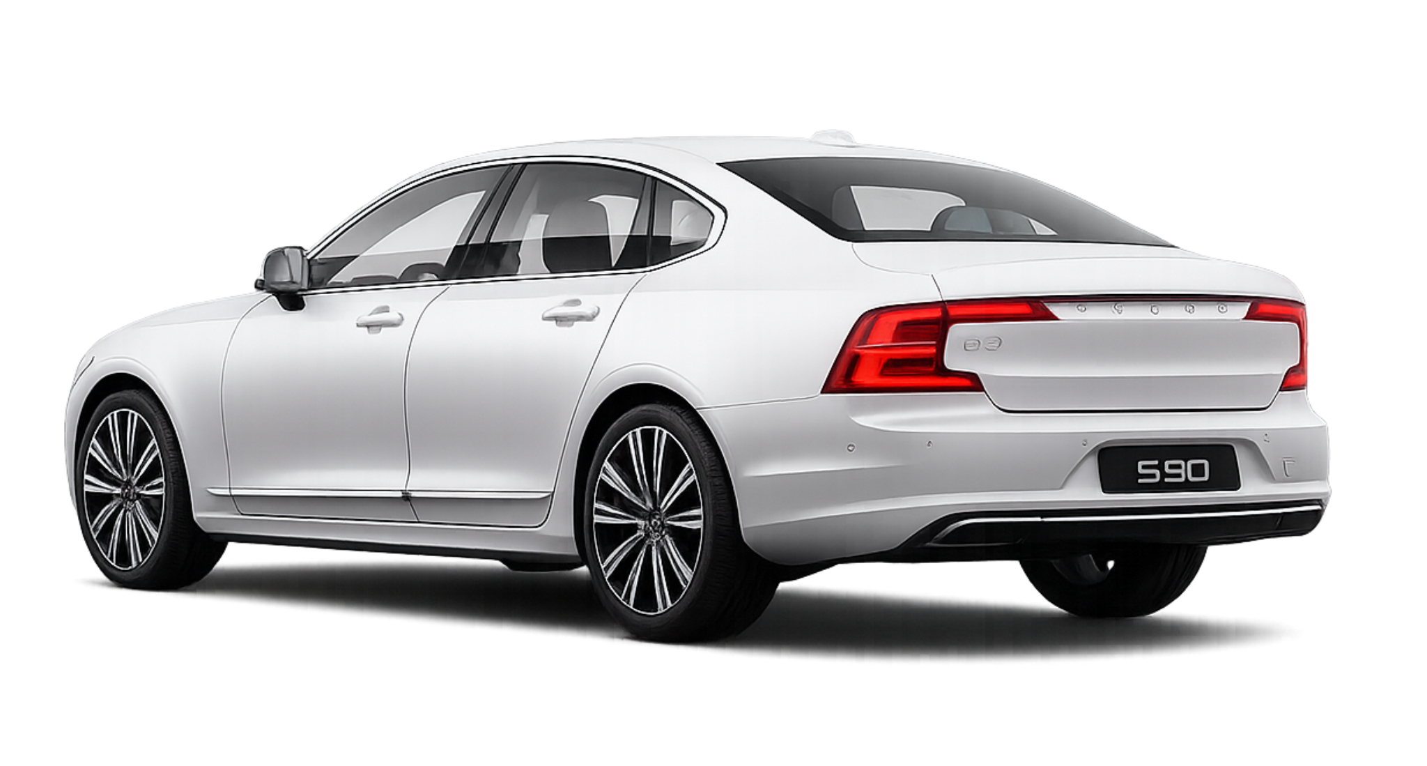 2025 Volvo S90 Plus AWD rear exterior view in white, featuring signature LED taillights and sleek design lines