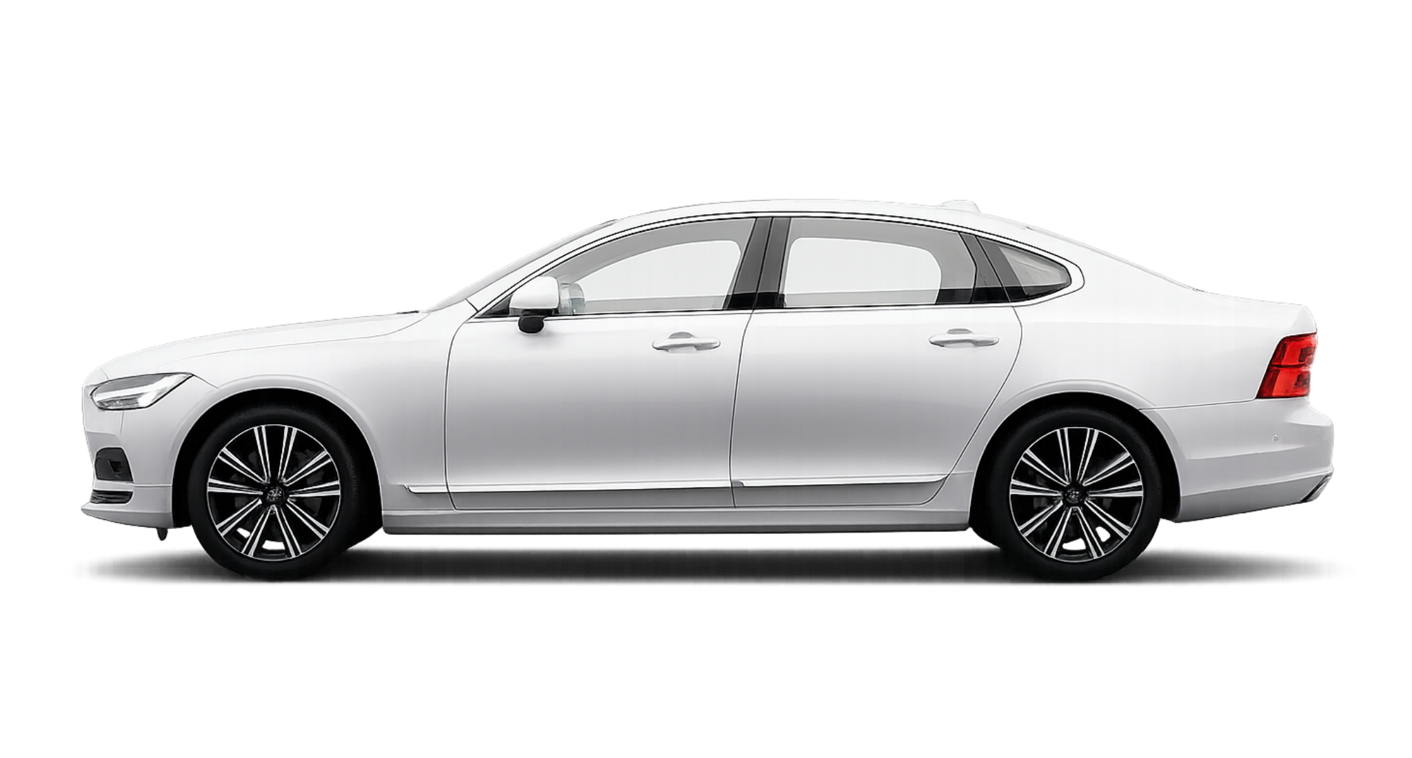 2025 Volvo S90 Plus AWD full side profile in white with aerodynamic body and 19-inch alloy wheels