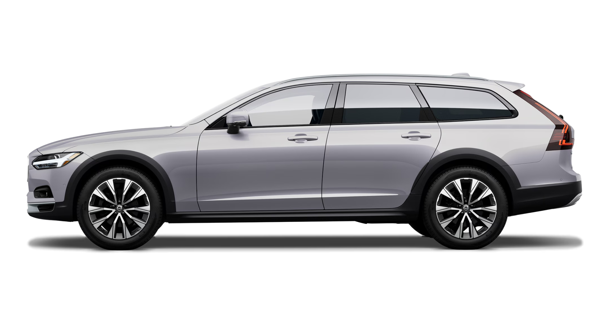 2025 Volvo V90 Cross Country AWD luxury wagon side view in silver with 19-inch alloy wheels