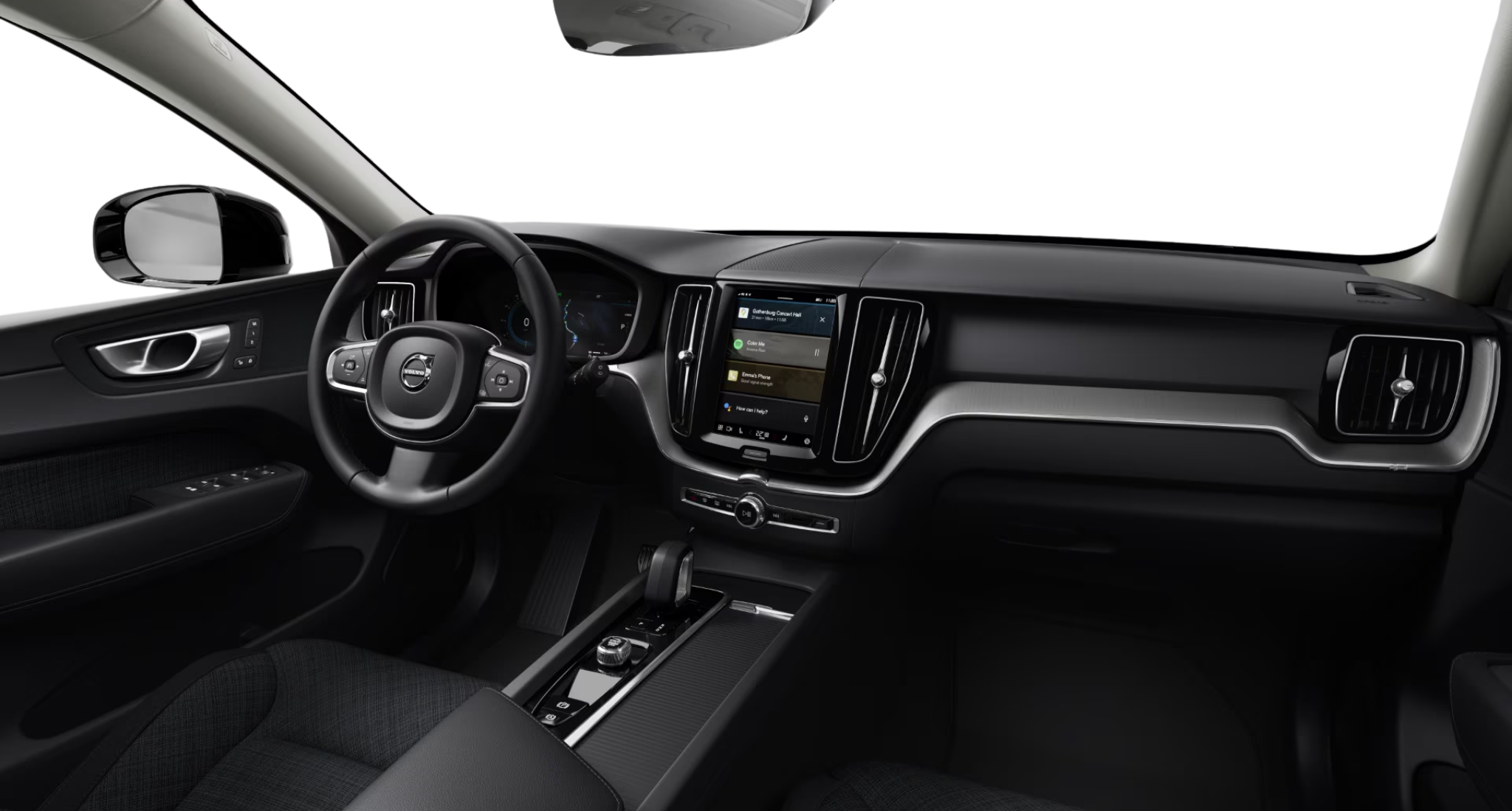 Volvo XC60 PHEV AWD cockpit showing Google-integrated touchscreen, digital cluster, and modern Scandinavian dashboard design.