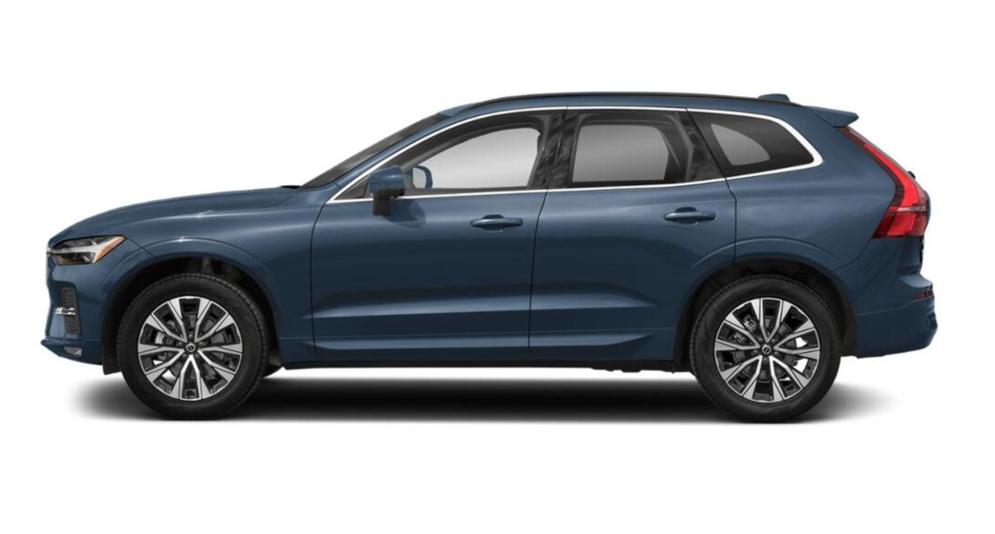 Side profile of the 2025 Volvo XC60 AWD Core in blue, showcasing sleek body lines and stylish alloy wheels.