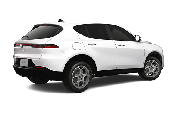 Rear view of the 2025 Alfa Romeo Tonale Hybrid eAWD showcasing the LED tail lights, integrated spoiler, and PHEV charge port.