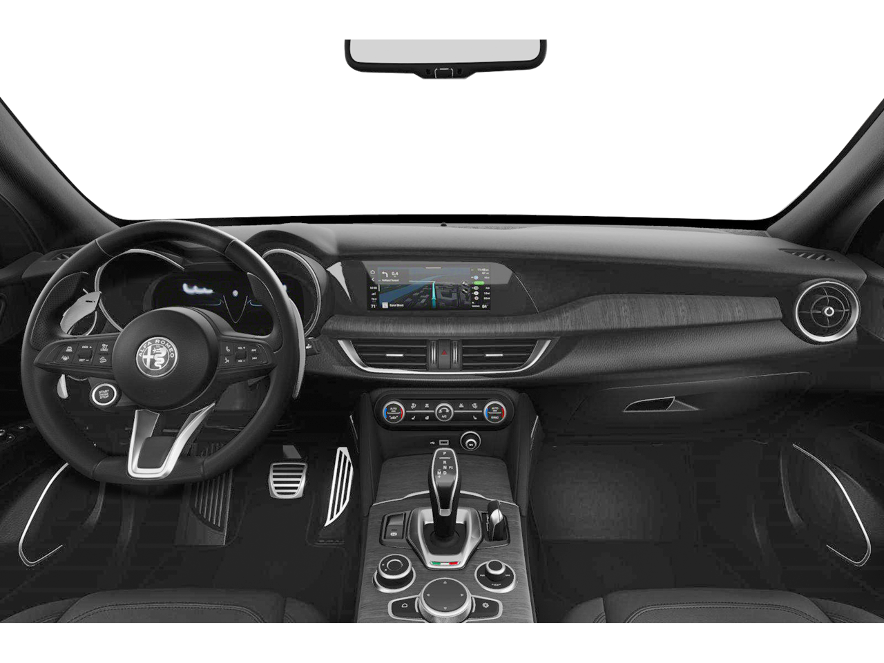 Premium dashboard of the 2025 Alfa Romeo Stelvio with leather seats and infotainment touchscreen