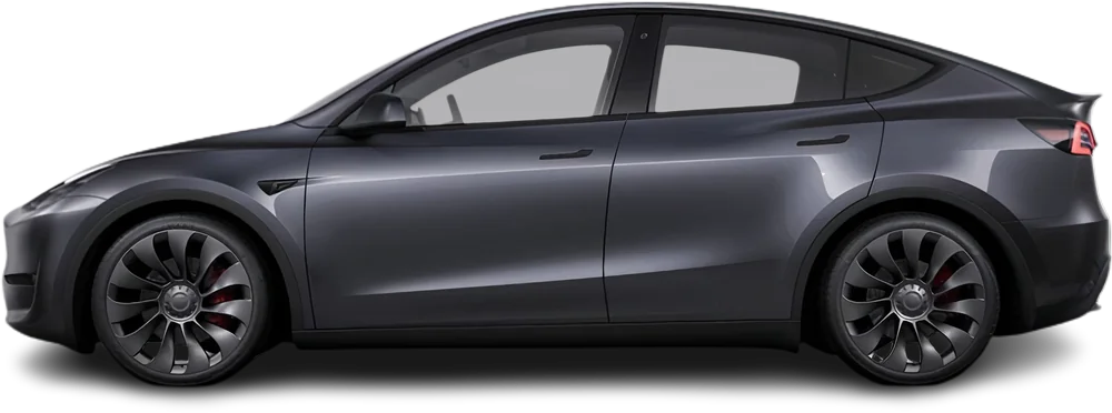 Streamlined side profile of the 2025 Tesla Model Y AWD in midnight black, highlighting its coupe-like roofline and flush door handles.
