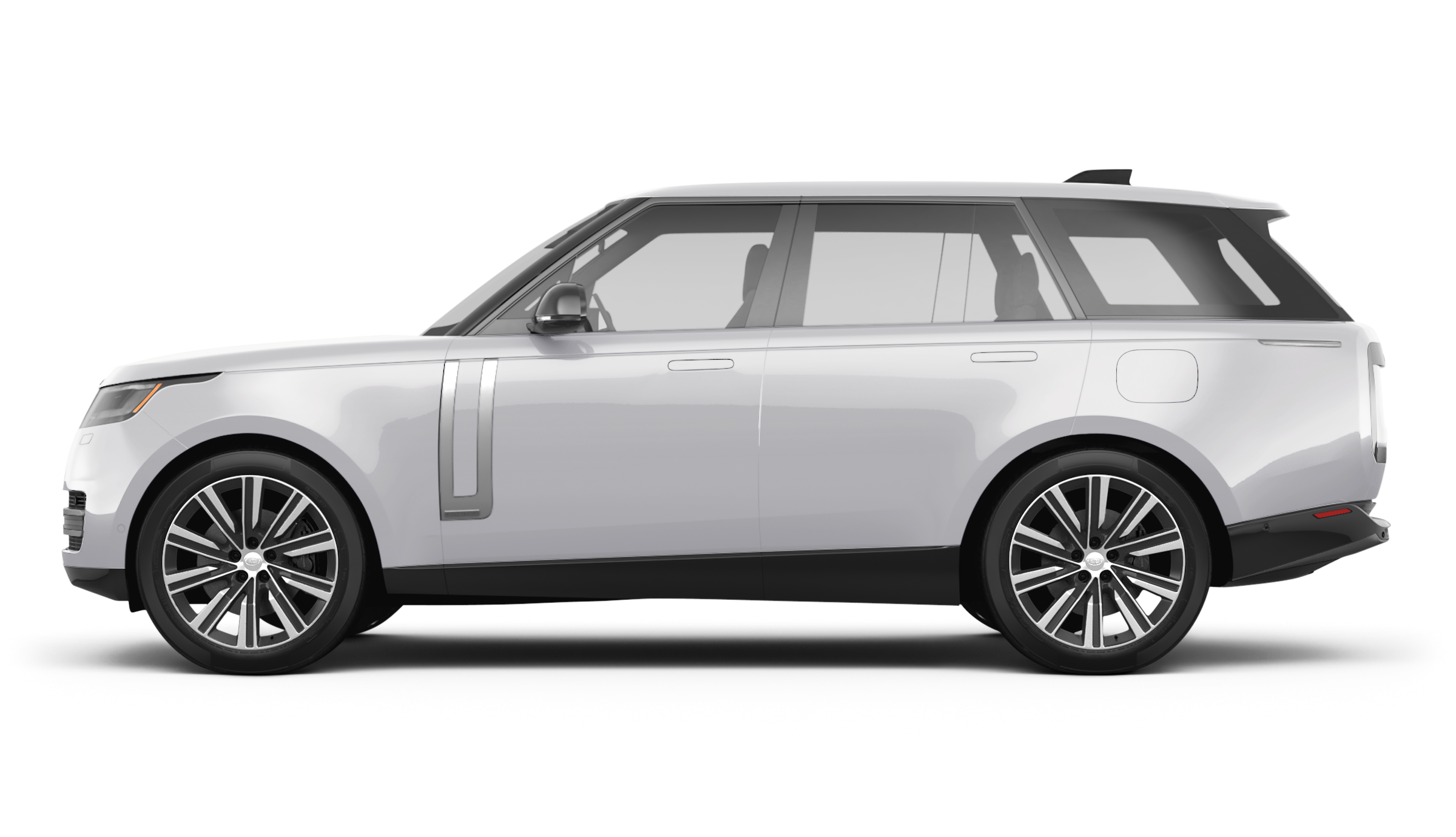 Side profile of the 2025 Land Rover Range Rover SE AWD highlighting aerodynamic lines, flush door handles, and 21-inch wheels.