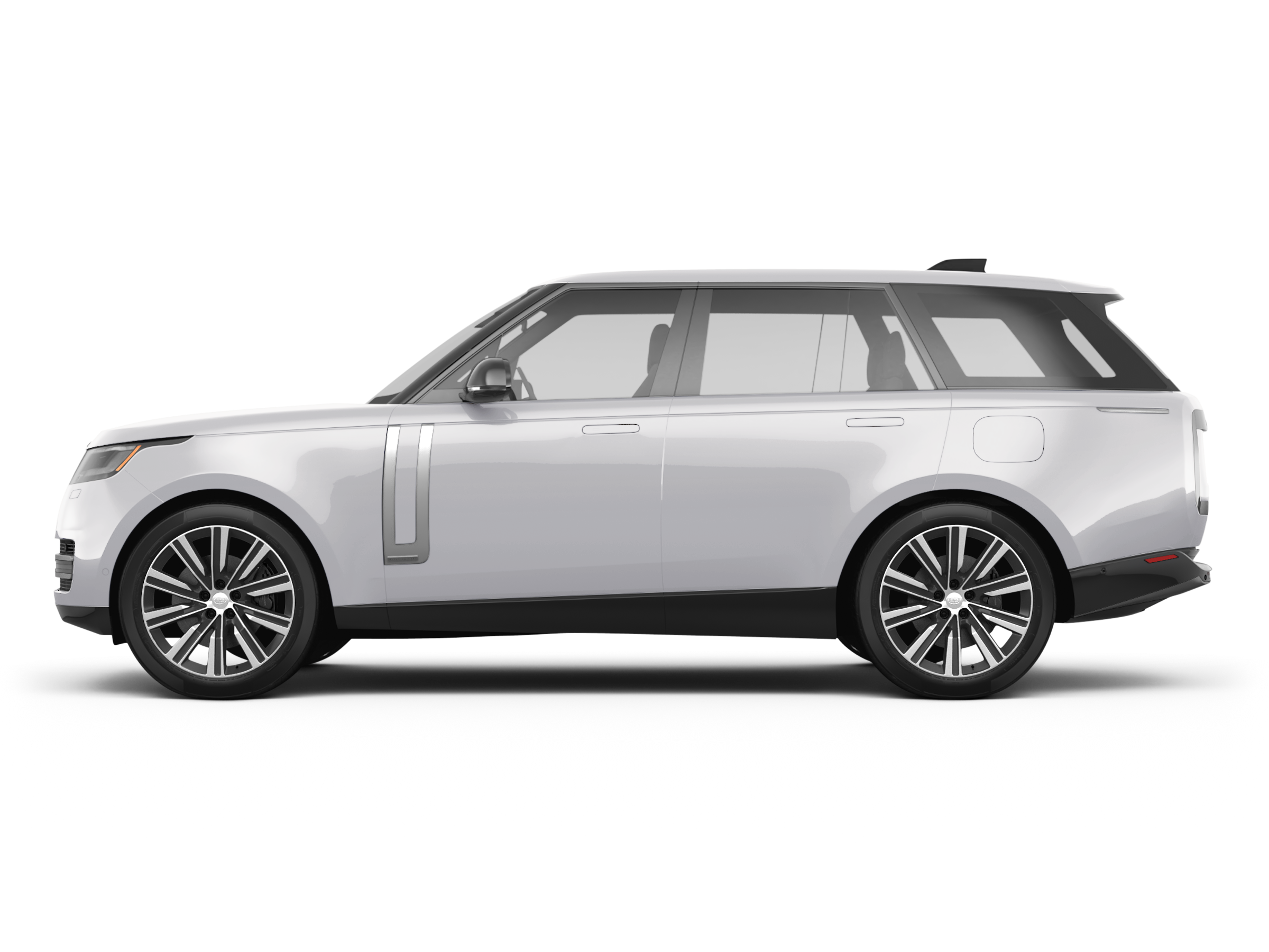 Side profile of the 2025 Land Rover Range Rover SE AWD highlighting aerodynamic lines, flush door handles, and 21-inch wheels.