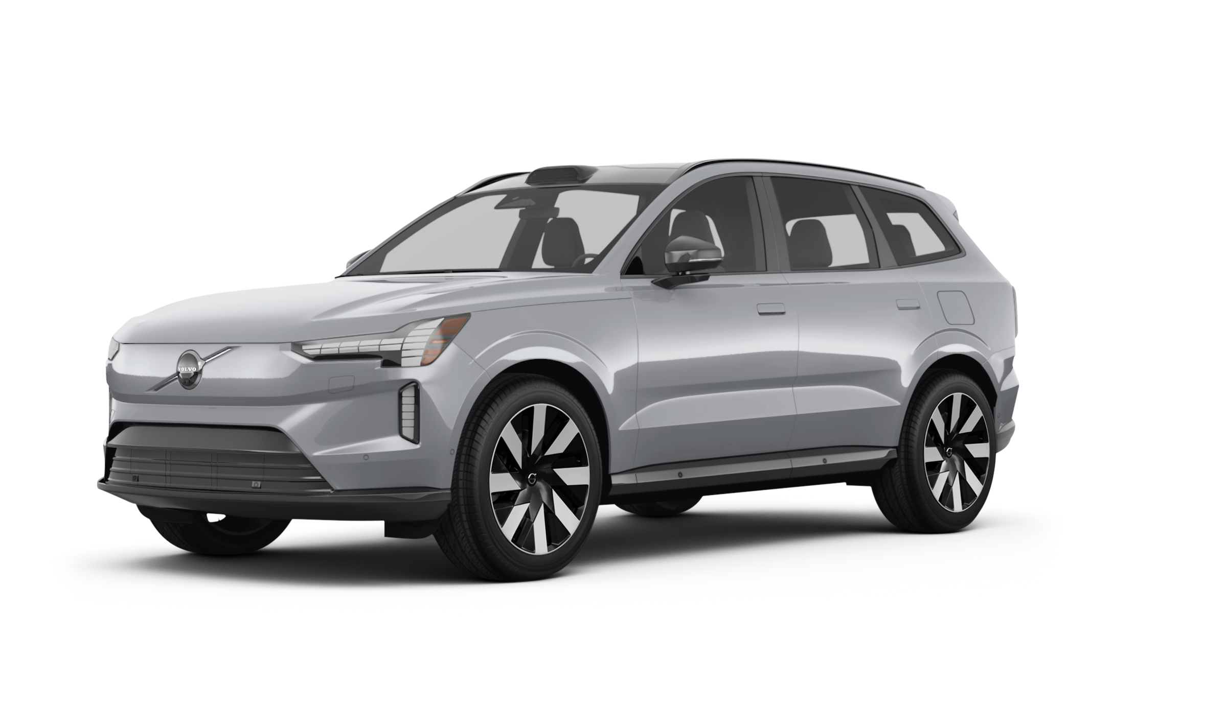 Front three-quarter view of 2025 Volvo EX90 Plus AWD in silver, showcasing LED headlamps and bold electric SUV design