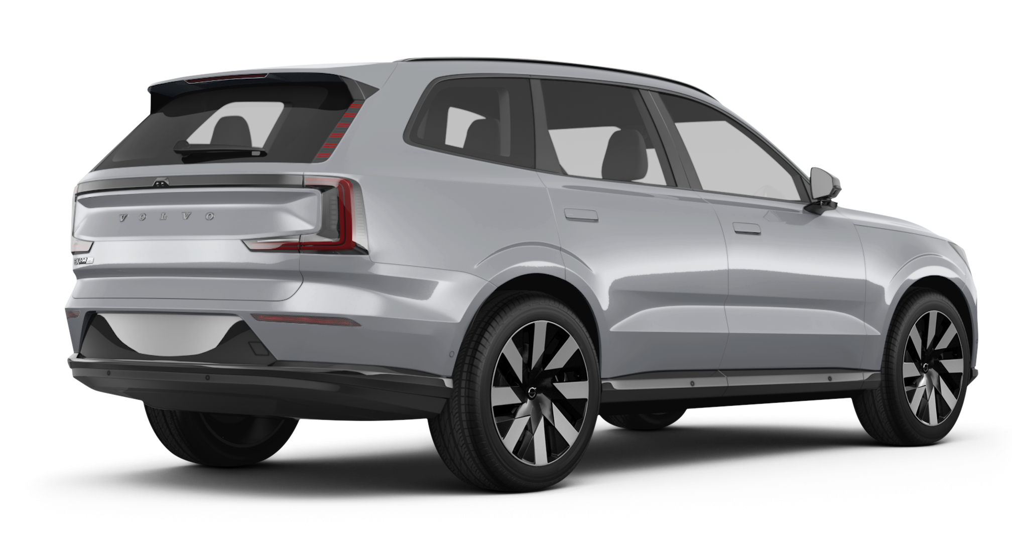 rear three-quarter view of 2025 Volvo EX90 Plus AWD in silver, showcasing LED tail lights and bold electric SUV design