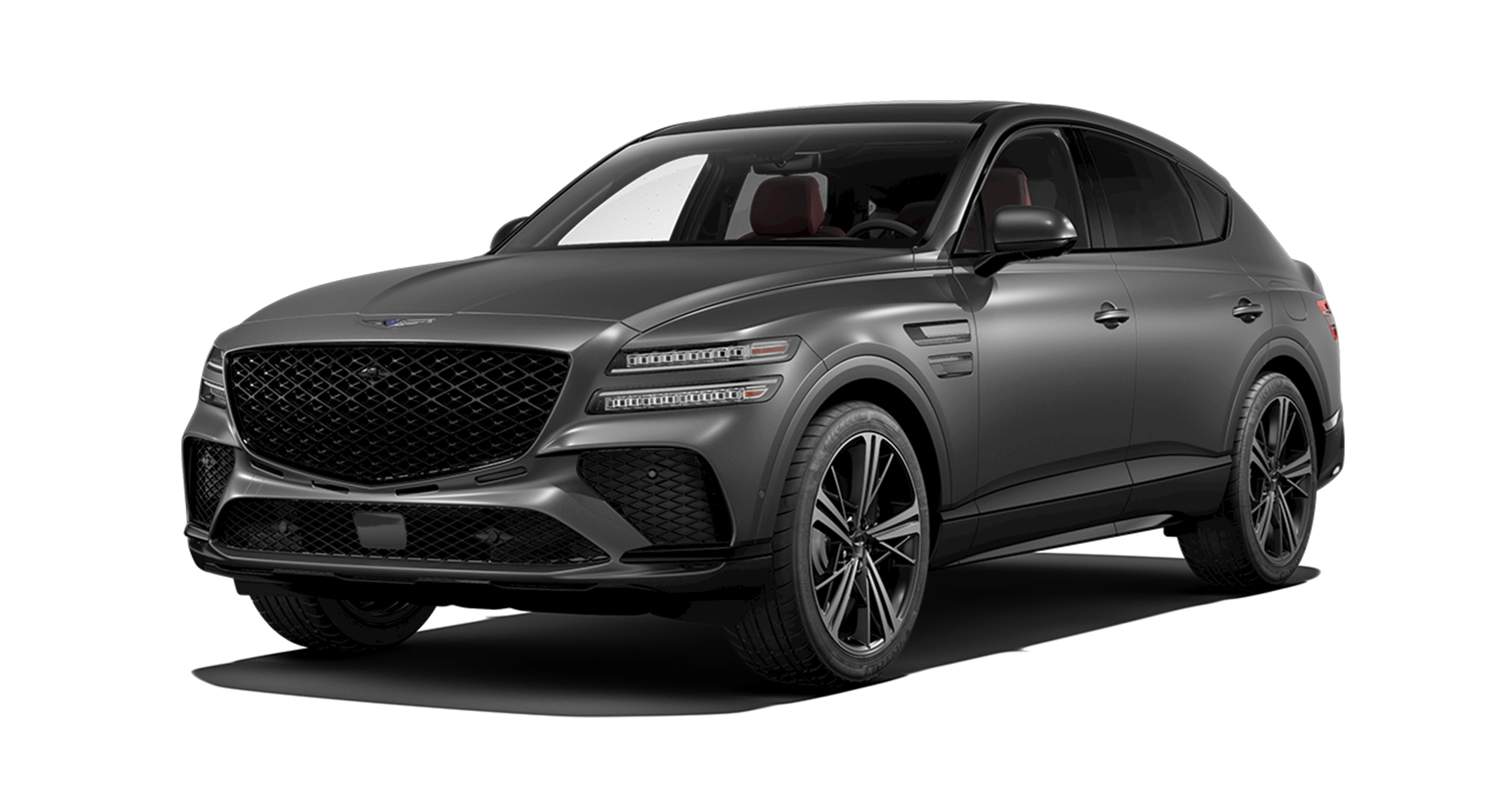 Front view of the 2025 Genesis GV80 Coupe AWD with bold grille, LED headlamps, and aerodynamic front styling.