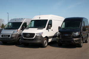 Three cargo vans including a silver RAM ProMaster, white Mercedes-Benz Sprinter, and black Ford Transit parked on a dealership lot under a clear sky