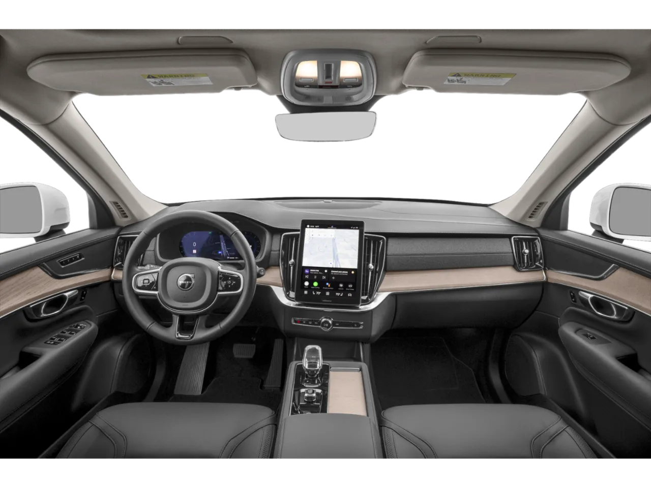 Driver-focused dashboard of the 2025 Volvo XC90 AWD Core featuring a digital display, Google-powered infotainment, and Orrefors crystal gear selector.