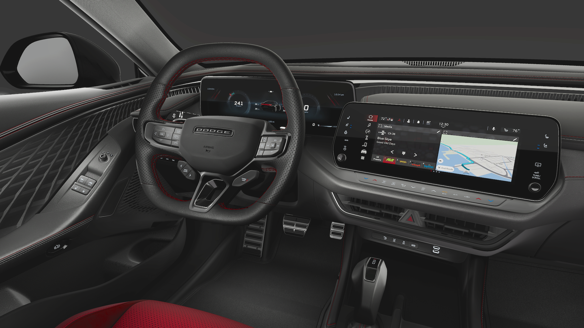 Interior view of the 2025 Dodge Charger R/T AWD showing the Uconnect 5 touchscreen, digital gauge cluster, and performance steering wheel.