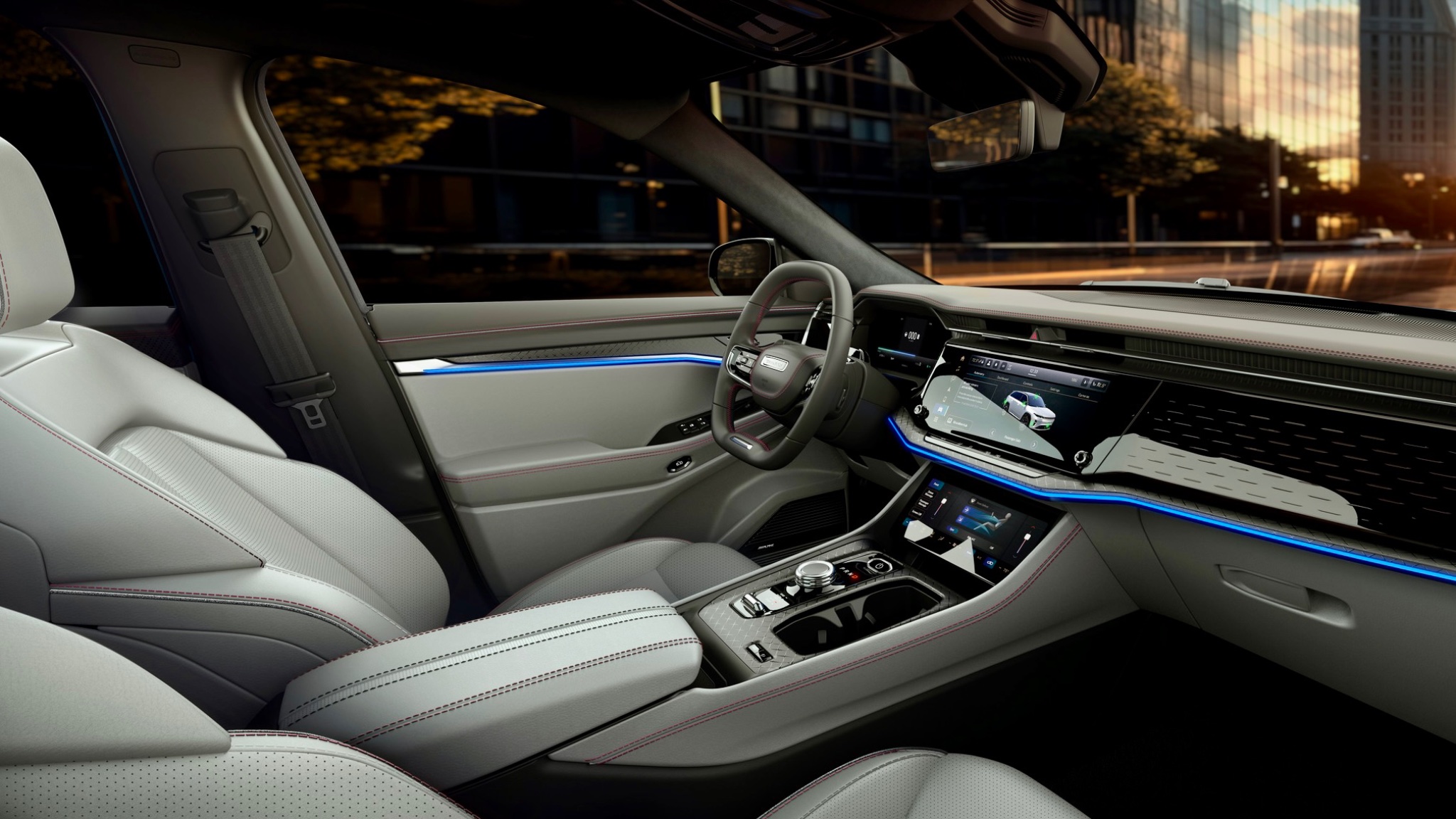 Interior of 2025 Jeep Wagoneer S, a luxury electric SUV for zero down lease deals NYC.