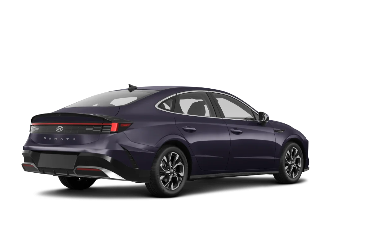 Rear view of the 2025 Hyundai Sonata Hybrid lease vehicle showing taillight design and hybrid badge.