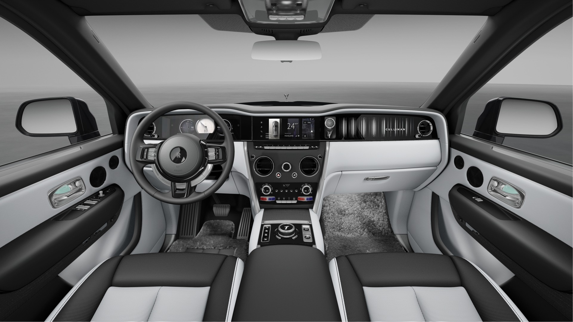 Interior dashboard of Rolls Royce Cullinan with digital display and trim